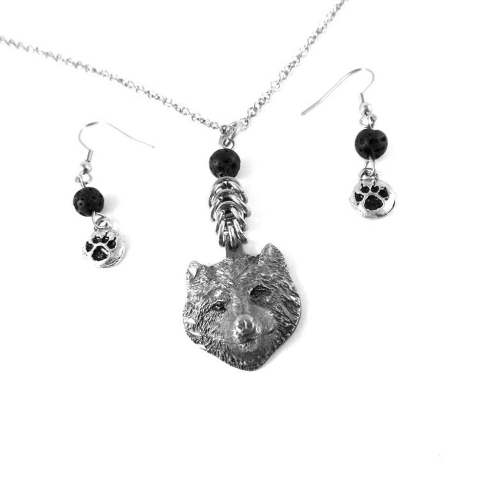 Wolf Necklace & Earrings Set Chain Maille Jewelry Unique Gift